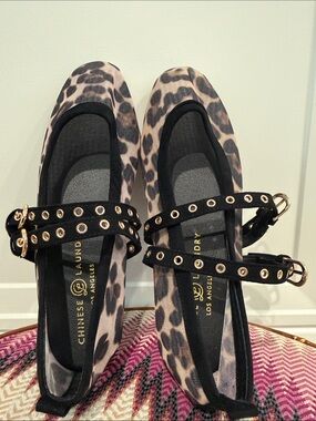 New Chinese Laundry Leopard-Print Mary Jane Flats w/ Black Straps & Gold Eyelets